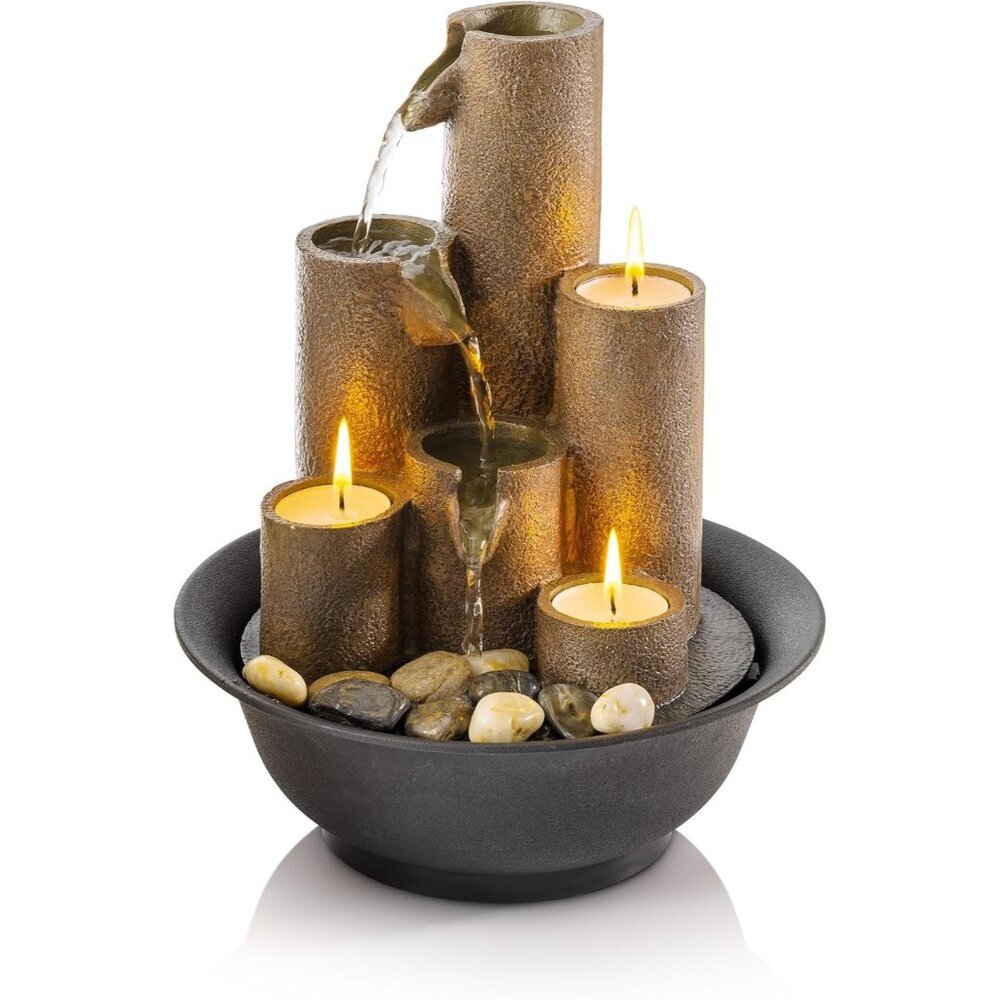 WCT202 Indoor Tabletop Tiered Water Fountain Featuring 3 Candles 11" Brown